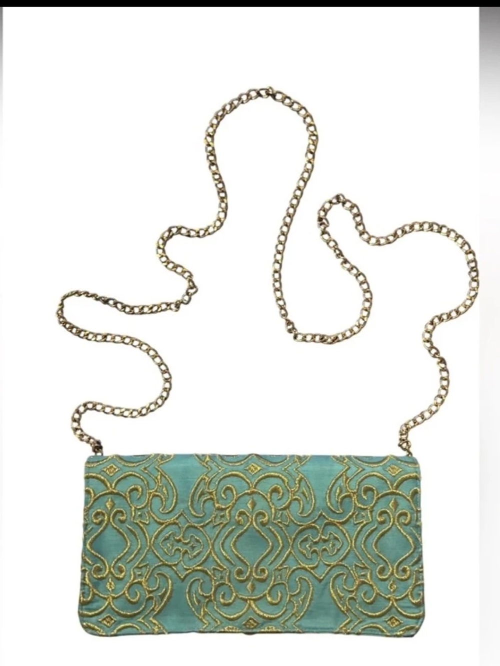 Shiraleah Chicago Embroidered Evening Clutch Bag Mint Gold EUC